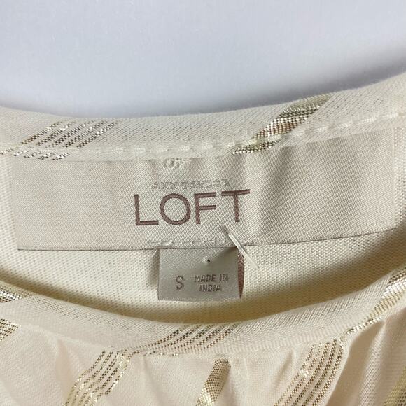 LOFT | NWT Cream & Metallic Gold Stripe Ruffle Accent Cold Shoulder Knit Shirt - Picture 9 of 11